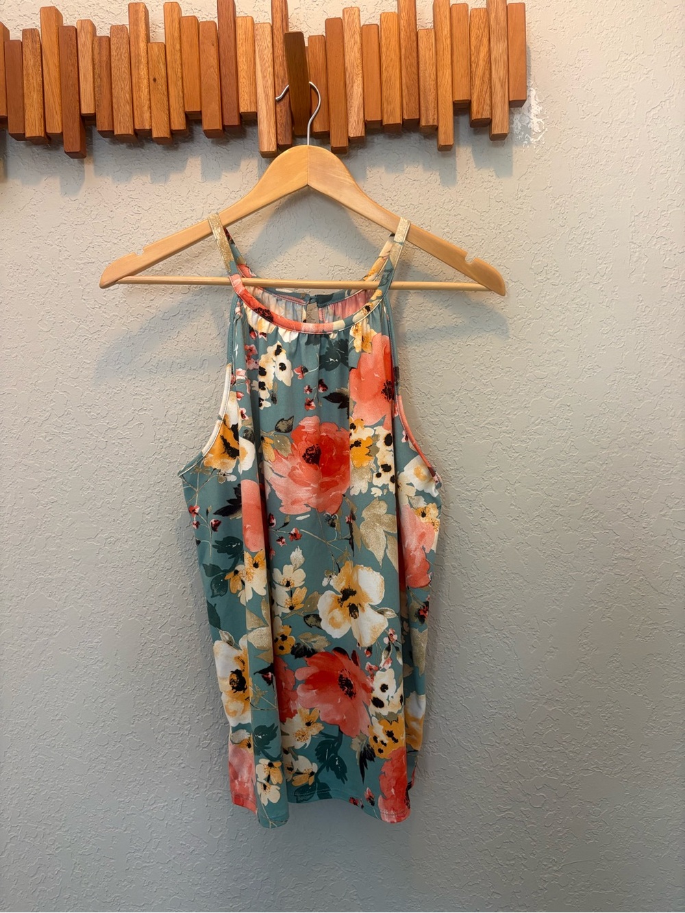 Floral Tank Top in Teal with Coral & Yellow Blooms Large NWOT